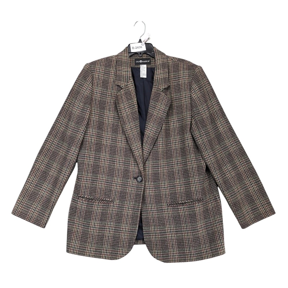 Vintage 90s Sag Harbor Houndstooth Tweed Blazer Jacket Womens 14 Wool Blend
